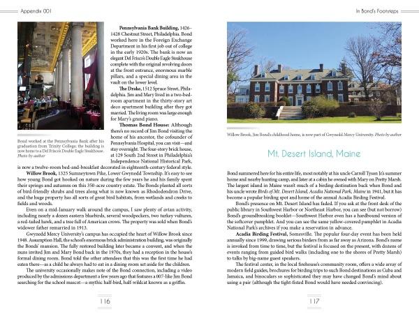 An open spread from "The Real James Bond" (Schiffer Publishing, Ltd.) shows a grand columned interior on the left page and a Georgian-style house—once visited by ornithologist James Bond—plus text and captions on the right.