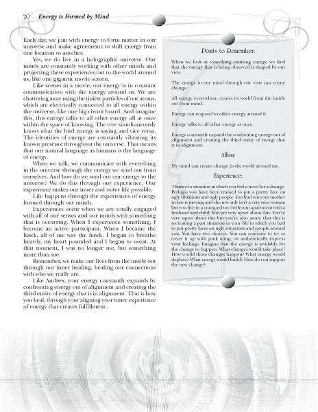 A page from "Within the Power of Universal Mind" explores energy, consciousness, and self-realization, with two shaded boxes titled “Points to Remember” and “Affirm,” plus circular and swirling designs on the top, bottom, and background.