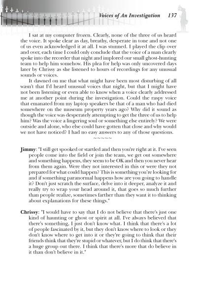 A page in Lone Star Spooks by Schiffer Publishing, Ltd. recounts investigators hearing a ghostly voice during a Texas case, with Jimmy and Chrissy reflecting on their beliefs in the paranormal.