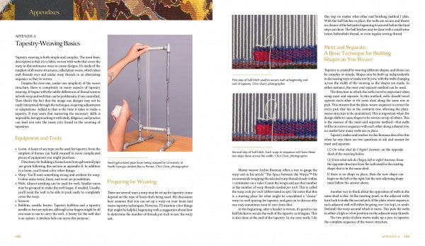 Tapestry Design Basics and Beyond by Schiffer Publishing, Ltd. offers step-by-step instructions, photos of hands assembling a metal loom frame, and images demonstrating design concepts as tapestry threads are woven through vertical warps.