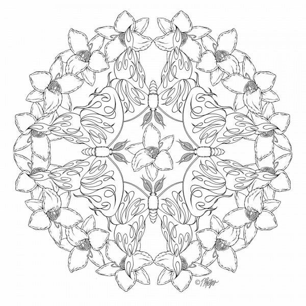 Garden Life by Schiffer Publishing, Ltd. features a black-and-white mandala with symmetrical butterflies and daffodils in a detailed circular pattern—ideal for mindfulness coloring or plant and insect enthusiasts.