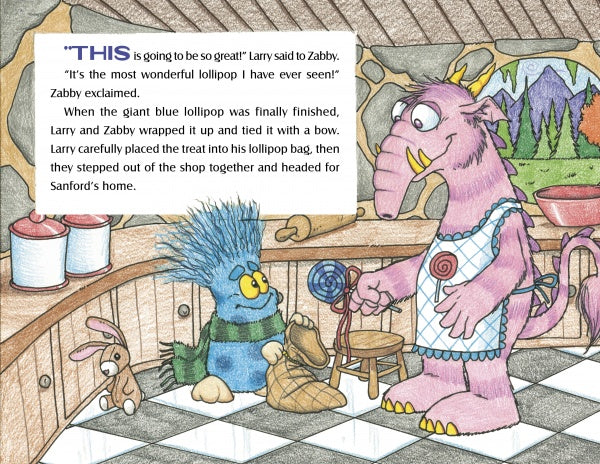 In "The Lollipop Monster Meets Clem the Klutz" by Schiffer Publishing, Ltd., the blue Lollipop Monster and his tall pink friend Clem share sweet moments in a cozy candy shop, surrounded by treats and mountain views like a charming kids’ book illustration.
