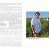 A two-page spread for "Design with Love" by Schiffer Publishing, Ltd.: left page features text and a red quote from Kalani Halsell on community development; right page shows a man in a white T-shirt in grassy fields with colorful houses and hills.