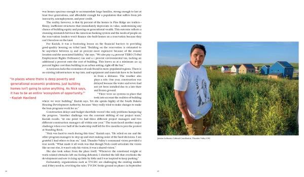 A two-page spread for "Design with Love" by Schiffer Publishing, Ltd.: left page features text and a red quote from Kalani Halsell on community development; right page shows a man in a white T-shirt in grassy fields with colorful houses and hills.