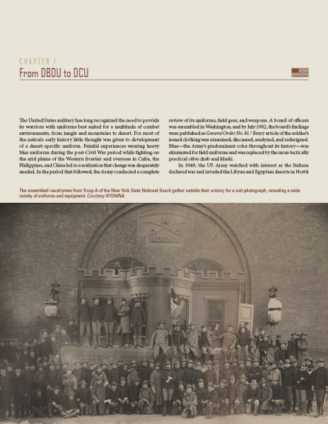 A sepia photo shows soldiers outside an armory. Above, the text for "Desert Uniforms, Patches, and Insignia of the US Armed Forces" (Schiffer Publishing, Ltd.) discusses changes in U.S. insignia and uniforms, from BDU to desert camo.