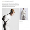 A portfolio page from "Emerging Fashion Designers 5" by Schiffer Publishing, Ltd. shows a model in a structured white garment with voluminous shoulders and includes text on the designer's materials, inspirations, and creative journey.