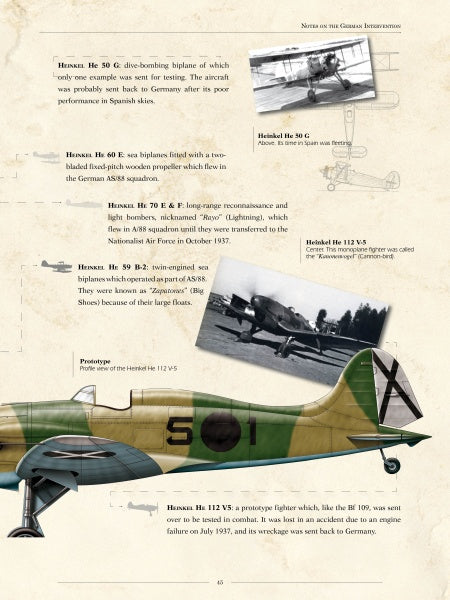 A vintage book page from Schiffer Publishing, Ltd.'s "Legion Condor" shows text and black-and-white photos of early 20th-century German military biplanes plus a color illustration of a Legion Condor fighter with green and tan camouflage.