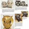 A catalog page presents Freeman-McFarlin Pottery animal sculptures by Schiffer Publishing, Ltd., featuring metal owl figurines with round eyes and detailed feathers in silver, gold, and dark finishes, with descriptions and prices shown.