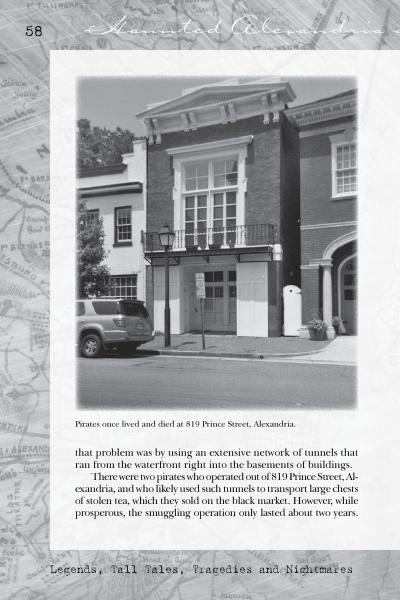 A black-and-white photo on Schiffer Publishing’s "Haunted Alexandria & Northern Virginia" shows a historic brick building at 819 Prince Street—allegedly haunted. A car and streetlamp are out front, with pirate-themed text overlaying the image.