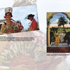 A woman in traditional Spanish dress smiles with a fan, a man in a hat behind her. Nearby, a painting of Spanish-attired women and Tampa Bay Hotel towers evokes vintage Tampa on "Greetings from Tampa, Florida" by Schiffer Publishing, Ltd.