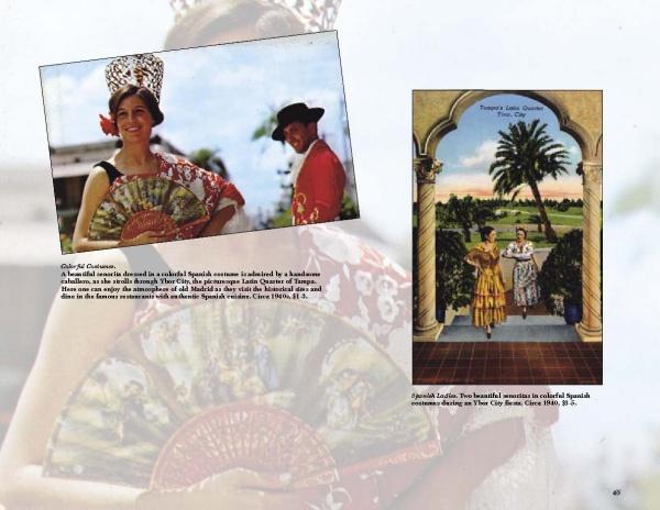 A woman in traditional Spanish dress smiles with a fan, a man in a hat behind her. Nearby, a painting of Spanish-attired women and Tampa Bay Hotel towers evokes vintage Tampa on "Greetings from Tampa, Florida" by Schiffer Publishing, Ltd.