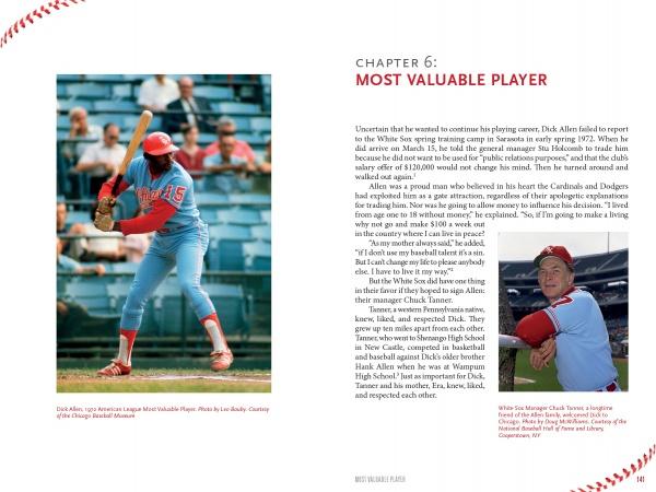 A Phillies player in a red cap and powder blue uniform pitches as another smiles, with text about 1960s baseball and "Dick Allen, The Life and Times of a Baseball Immortal" by Schiffer Publishing, Ltd. highlighting the Most Valuable Player.