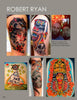 A vibrant collage from "I Love Tattoos" by Schiffer Publishing, Ltd. features five tattoo art styles: woman with cat headdress, owl on skull, snake around dagger, ornate goddess, and skull with flowers. Includes a small photo of two men.