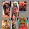 A vibrant collage from "I Love Tattoos" by Schiffer Publishing, Ltd. features five tattoo art styles: woman with cat headdress, owl on skull, snake around dagger, ornate goddess, and skull with flowers. Includes a small photo of two men.