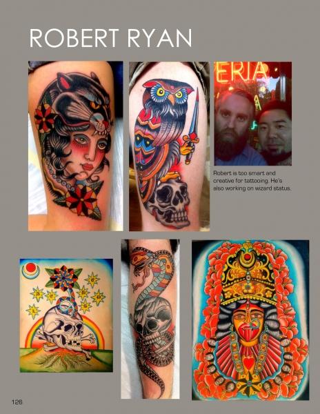 A vibrant collage from "I Love Tattoos" by Schiffer Publishing, Ltd. features five tattoo art styles: woman with cat headdress, owl on skull, snake around dagger, ornate goddess, and skull with flowers. Includes a small photo of two men.