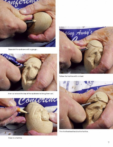 A step-by-step collage from Tom Wolfe Carves Egg Heads & Other “Eggcellent” Things by Schiffer Publishing, Ltd. shows hands carving wooden faces, with tool close-ups and printed instructions—a great guide for aspiring caricature carvers.