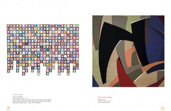 Two abstract artworks: the left features a grid of colorful circles with jagged edges, while the right has overlapping earthy curves—both evoke innovative quilt techniques found in "Art Quilts International" by Schiffer Publishing, Ltd.