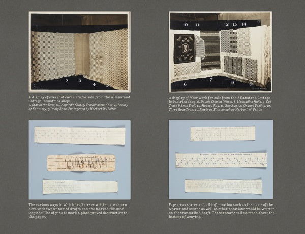 A collage of four photos from Frances L. Goodrich's Brown Book of Weaving Drafts (Schiffer Publishing, Ltd.) displays handwritten notes, typed papers, weaving drafts, and historic sample voting cards with captions explaining their historical use.