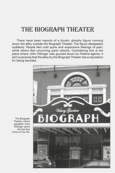 Black-and-white photo of the Biograph Theater’s entrance and marquee. The text, from "Ghosts of Northern Illinois" by Schiffer Publishing, Ltd., discusses local hauntings and the spirit of gangster John Dillinger at this historic site.