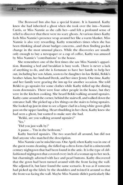 A page from "Ghosts, Legends, and Lore of Hampton Roads" by Schiffer Publishing, Ltd. explores the Boxwood Inn’s haunted past, featuring Miss Nannie's ghost stories and Kathy's eerie experiences in classic Virginia style.