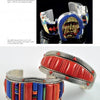 Southwestern Indian Bracelets by Schiffer Publishing, Ltd.—three silver pieces inlaid with colorful stones: a vintage cuff with a face design and two with rows of red, blue, and green stones plus engraved silver edges. Striking Native American jewelry.