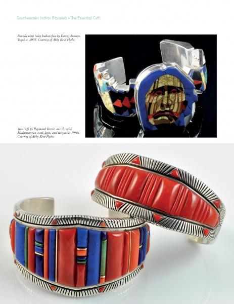Southwestern Indian Bracelets by Schiffer Publishing, Ltd.—three silver pieces inlaid with colorful stones: a vintage cuff with a face design and two with rows of red, blue, and green stones plus engraved silver edges. Striking Native American jewelry.