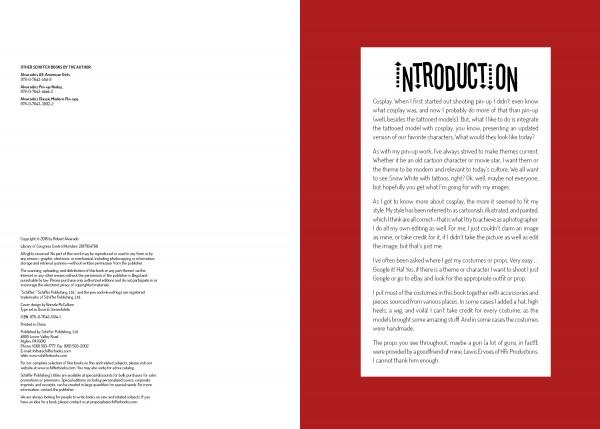 A two-page spread: the left page has black text with Alvarado's Cosplay Pin-ups copyright and Schiffer Publishing, Ltd. details on white, while the right page shows a boxed Introduction on white with a red border—ideal for pop culture or cosplay photography fans.