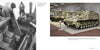 Left: Black and white photo of soldiers with a Hummel or Nashorn/Hornisse, featured in Schiffer Publishing, Ltd.'s "Hummel and Nashorn/Hornisse." Right: Camouflage tanks on museum display with informational signs.