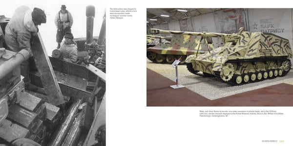 Left: Black and white photo of soldiers with a Hummel or Nashorn/Hornisse, featured in Schiffer Publishing, Ltd.'s "Hummel and Nashorn/Hornisse." Right: Camouflage tanks on museum display with informational signs.