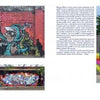 A book spread from "Beijing Graffiti" by Schiffer Publishing, Ltd. shows four vivid graffiti murals on brick walls with abstract shapes and Chinese street art–inspired lettering, text on the right page, trees above a mural, across pages 164–165.