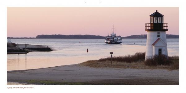 Capture the serene beauty of Martha's Vineyard with Schiffer Publishing, Ltd.—a white lighthouse at sunset, a ferry gliding through calm waters, distant land on the horizon, and a pastel pink sky.