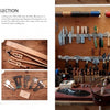 A two-page spread from "Leathercraft" by Schiffer Publishing, Ltd. shows tool selection for traditional leatherwork on the left, while the right page features a wooden wall neatly organized with leather crafting tools and materials.
