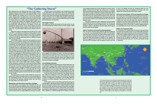 In Schiffer Publishing's "Battle Colors Volume VI," a two-page spread, The Gathering Storm, presents text, a sepia airfield photo with WWII tactical markings, and a green Asia map showing key China-Burma-India Theater locations.