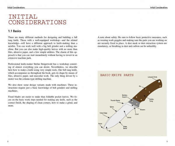 In "Making Full Tang Knives for Beginners" by Schiffer Publishing, Ltd., a two-page spread covers knife making basics, with a labeled fixed-blade knife diagram showing parts like tip, spine, and tang, plus discussions of skills, safety, and tools.