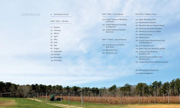 Table of contents from "Out in Blue Fields" by Schiffer Publishing, Ltd., overlaid on a photo of a grassy field with bare trees, netted blueberry rows, and a forested background beneath a blue sky.