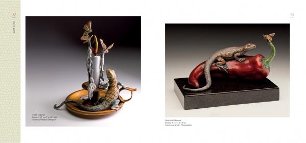 Schiffer Publishing, Ltd.'s "Reptiles & Amphibians in Contemporary Art" features two detailed lizard artworks—one perched with a plant and butterflies, another reclining on a red chili pepper watching a butterfly—against plain backdrops.