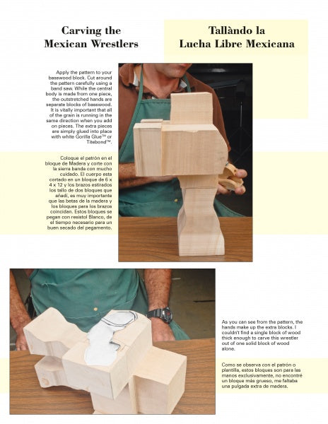 A person traces wrestler patterns onto wood to carve, with close-ups of the block and hands. English and Spanish instructions from "Carving Mexican Wrestlers" by Schiffer Publishing, Ltd. are visible.
