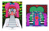Eye See You" by Schiffer Publishing, Ltd. includes two vibrant, surreal digital artworks: left, a pink-haired figure with stairs, eyes, and hands as its face; right, mirrored green-haired figures with bold hands, lips, and a central eye. Abstract backdrops.