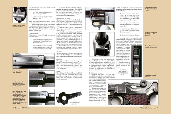 A spread in "The Luger P.08, Vol. 2" by Schiffer Publishing, Ltd. offers detailed images, close-ups, diagrams, and text on the mechanical parts and historical role of the Pistole Parabellum in the German army.
