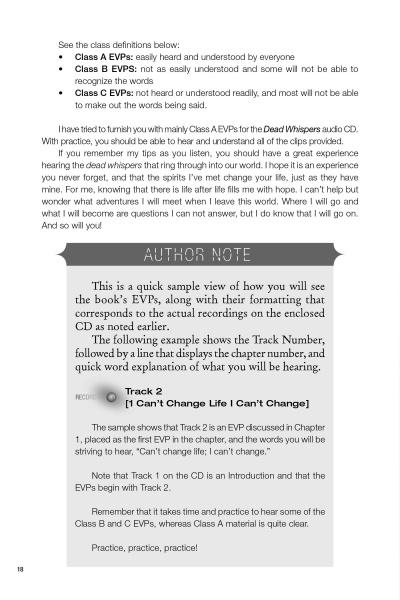 A page in Dead Whispers by Schiffer Publishing, Ltd. defines EVP classes, provides paranormal listening tips, and has a boxed Author Note with a gray banner, instructions, and an audio sample: Track 2 ("I Cant Change Life I Cant Change").