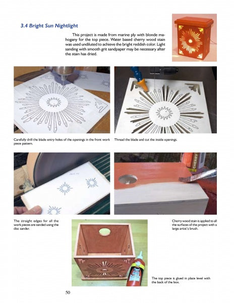 Discover "Lighted Scroll Saw Projects" by Schiffer Publishing, Ltd.—a step-by-step guide for making a wooden sun nightlight with scroll saw patterns, cut-out sunburst designs, sanding, gluing steps, and illuminated fretwork.