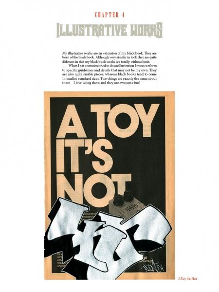 A page titled KOLORSTORM from Schiffer Publishing, Ltd. showcases a poster with bold "A TOY ITS NOT" text above NYC graffiti-inspired letters, plus a paragraph about the artist’s approach to illustration.