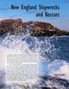 Ocean waves crash against rocks with a lighthouse on a cliff. The photo features Nubble Lighthouse in York, Maine. Text reads: New England Lighthouses by Schiffer Publishing, Ltd.