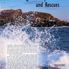 Ocean waves crash against rocks with a lighthouse on a cliff. The photo features Nubble Lighthouse in York, Maine. Text reads: New England Lighthouses by Schiffer Publishing, Ltd.