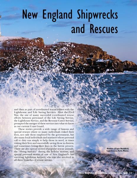 Ocean waves crash against rocks with a lighthouse on a cliff. The photo features Nubble Lighthouse in York, Maine. Text reads: New England Lighthouses by Schiffer Publishing, Ltd.