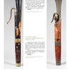 Shown upright in both side and front views, two rare 19th-century wooden bass horns with brass fittings are featured in "Four Centuries of Musical Instruments" by Schiffer Publishing, Ltd., highlighting their unique keys and worn, patched areas.