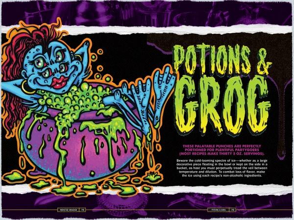 A vibrant cartoon fairy with blue skin and red hair lounges in a bubbling green potion inside a purple cauldron, channeling an '80s VHS vibe. Bold yellow text reads Let's Get Monster Smashed (Schiffer Publishing, Ltd.) on a dark textured background.