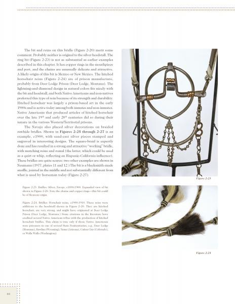 A page from Native American Horse Gear by Schiffer Publishing, Ltd. displays a decorative 19th-century horse bridle with metal chains and ornaments, plus close-ups of braided reins and tassels—examples of Native American tack, with text on the left.