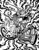 A surreal black-and-white ink drawing from Mind Melter by Schiffer Publishing, Ltd. features a fierce armored woman with flowing hair, riding a unicorn beside a bearded wizard and a skeleton on a motorcycle amid swirling abstract patterns.