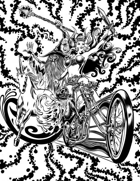 A surreal black-and-white ink drawing from Mind Melter by Schiffer Publishing, Ltd. features a fierce armored woman with flowing hair, riding a unicorn beside a bearded wizard and a skeleton on a motorcycle amid swirling abstract patterns.